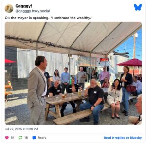 Bluesky post with a picture of Seattle Mayor Bruce Harrell speaking at a campaign event and the quotation "I embrace the wealthy."