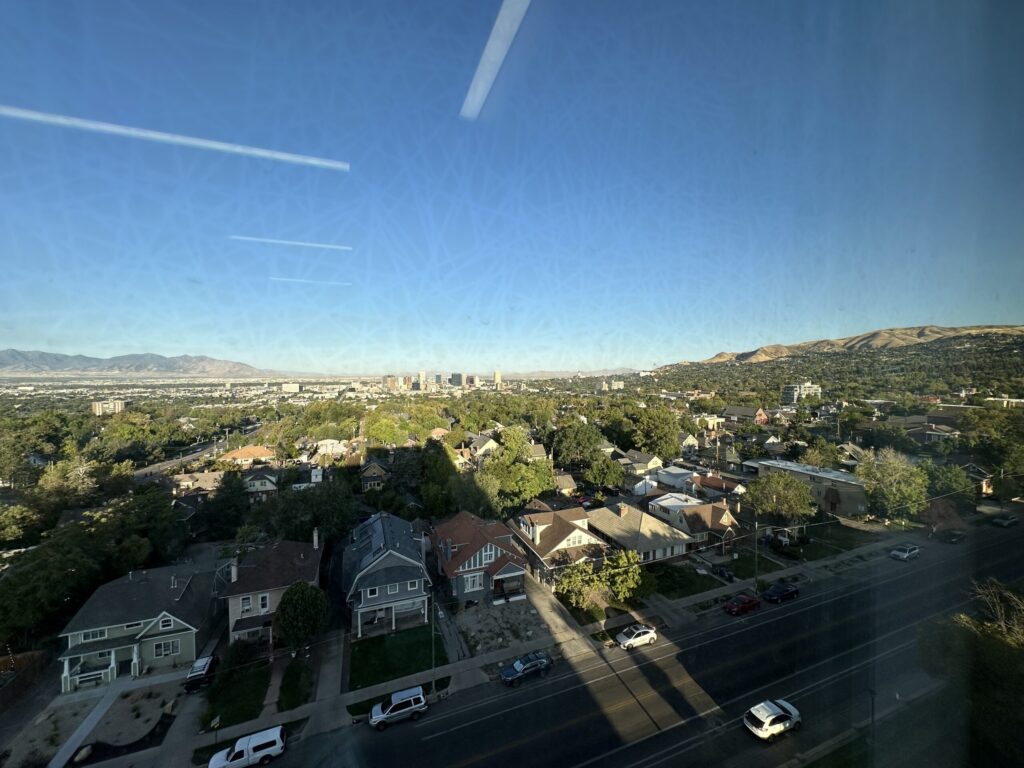 Salt Lake City seen from an upper floor of the University of Utah Law Building